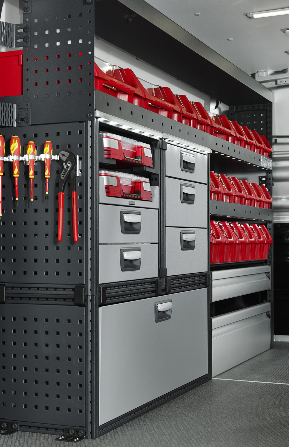 Example of modul-system van racking with drawers, storage boxes and shelving