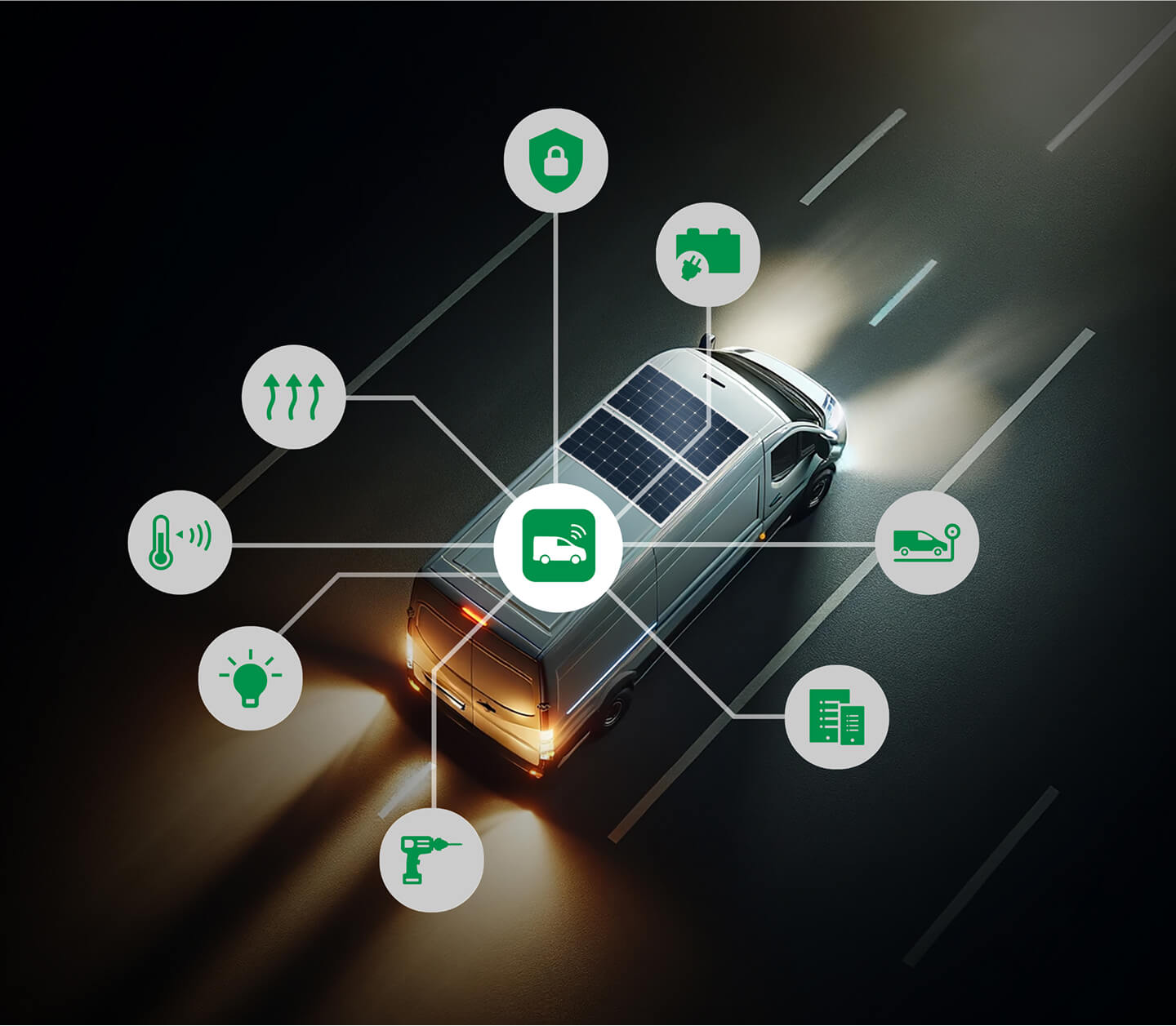 Vehicle with Modul-Connect system illustrating multiple applications, including security, power, weighing, driving journal, asset tracking, lighting control, climate control, and heating.